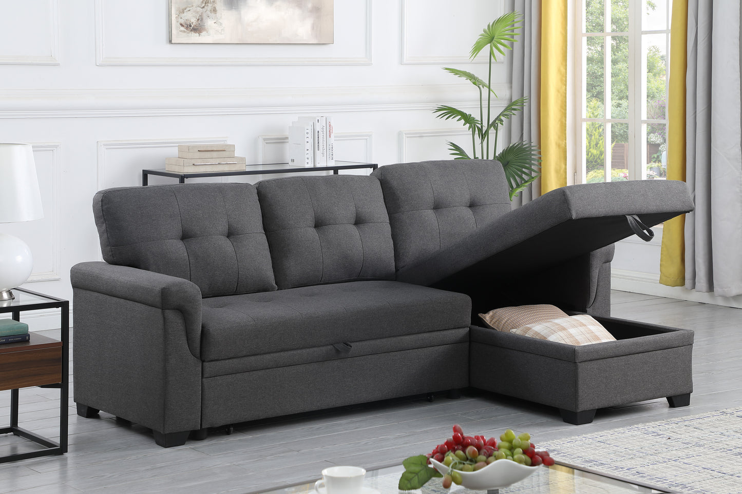 Lucca 84" Dark Gray Linen Reversible Sleeper Sectional Sofa with Storage Chaise