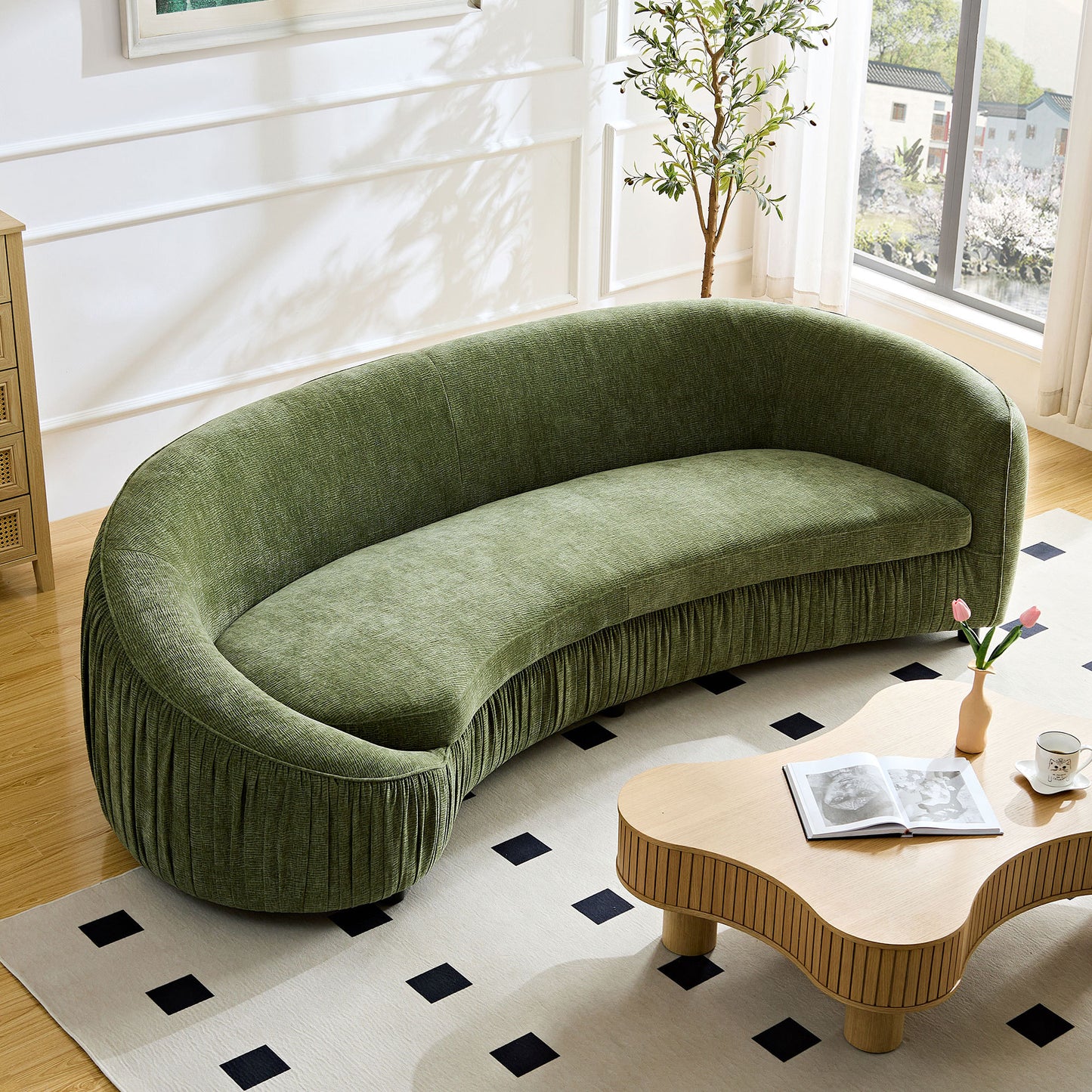 92.13 Inch Modern Design Curved Shaped Sofa Couch for Living Room,Upholstered Fabric 4-Seat Sofa No Need to Assembly Couch for Apartment,Green