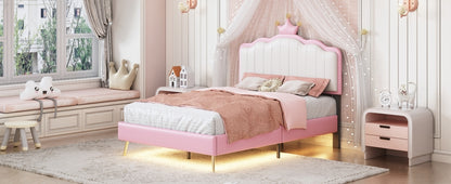 Twin size Upholstered Princess Bed With Crown Headboard,Twin Size Platform Bed with Headboard and Footboard with Light Strips,Golden Metal Legs, White+Pink