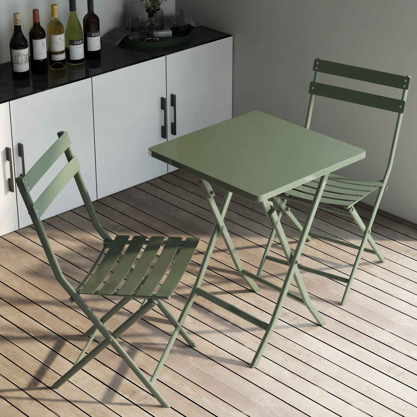 3 Piece Patio Bistro Set of Foldable SquareTable and Chairs, Dark Greem