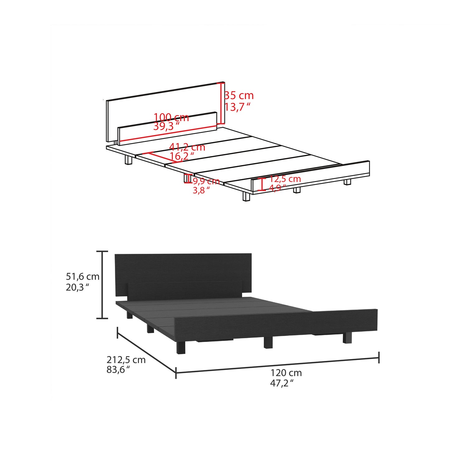 Kaia Twin Bed Base, Headboard -Black