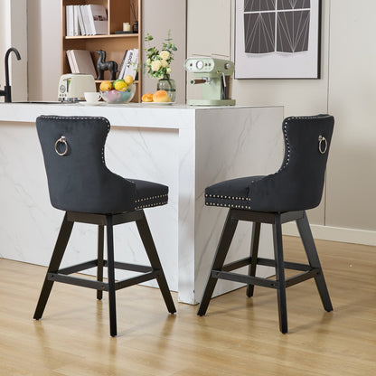 Swivel Velvet Barstools with Button Tufted Decoration and Wooden Legs, and Chrome Nailhead Trim, Leisure Style Bar Chairs,Bar stools, Set of 2 (Black),SW1860BK