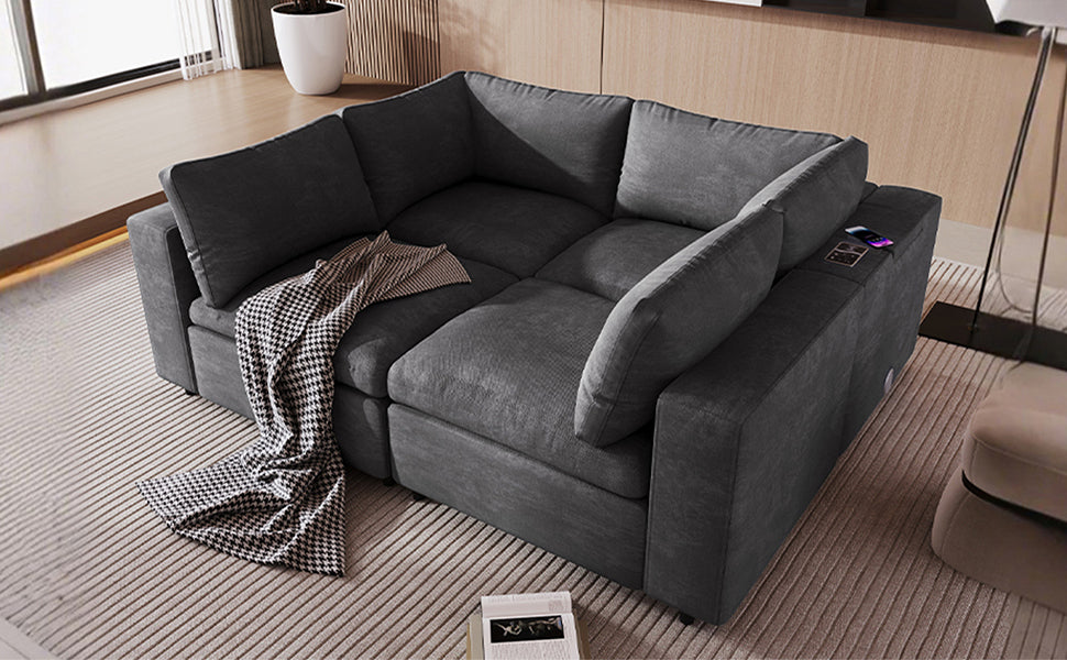 U-style Upholstered Modular Sofa with  with Storage Space, USB Charge Ports,Wireless Charging and Built-in Bluetooth Speaker in Arm,Sectional sofa for Living Room Apartment.[old sku:WY000317AAE]