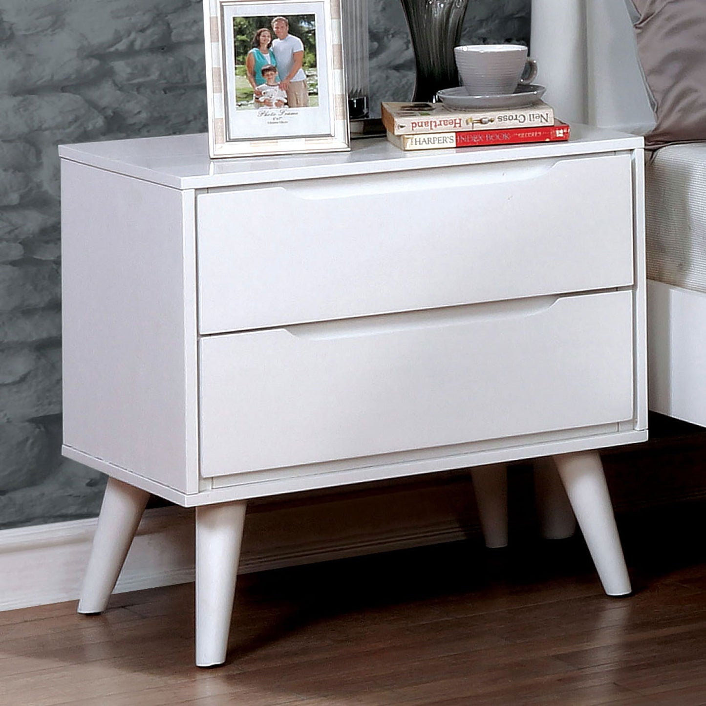 Mid-Century Modern White Color 1pc Nightstand Bedroom Furniture Solid wood Round Tapered Legs 2-Drawers Bedside Table