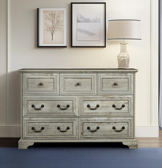 Farmhouse 7 Drawers Dresser for Bedroom, Rustic Chest of Drawers with Natural Texture, Vintage Design, Storage Dressers Organizer for Bedroom, Living Room, Hallway, Antique White