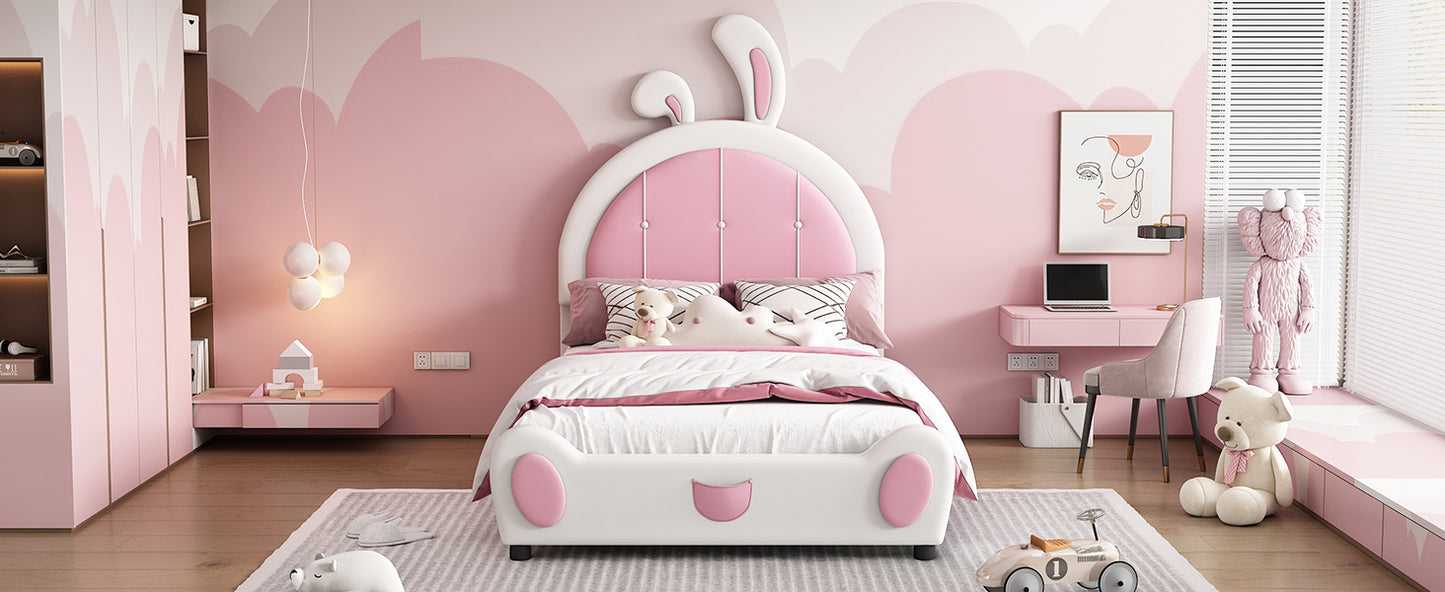 Twin Size Upholstered Platform Bed with Rabbit Shaped Headboard, White