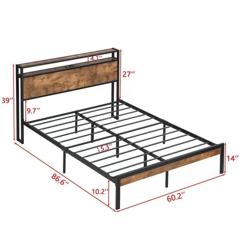 Queen Size Metal Platform Bed Frame with Wooden Headboard and Footboard with USB LINER,LED Lights, No Box Spring Needed, Large Under Bed Storage, Easy Assemble