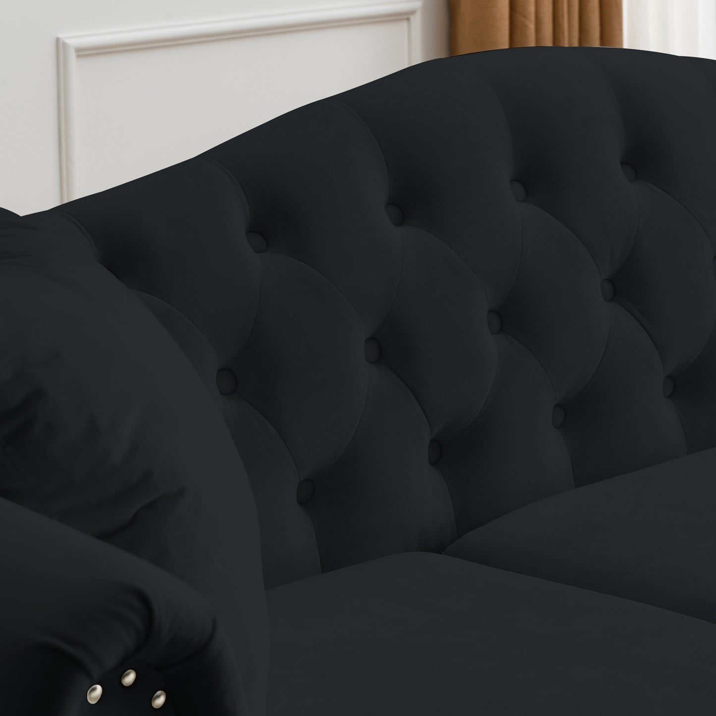 [Video] 79" Chesterfield Sofa Black Velvet for Living Room, 3 Seater Sofa Tufted Couch with Rolled Arms and Nailhead for Living Room, Bedroom, Office, Apartment, two pillows