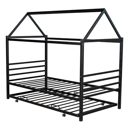 Twin Size Metal House Shape Platform Bed with Trundle,Black