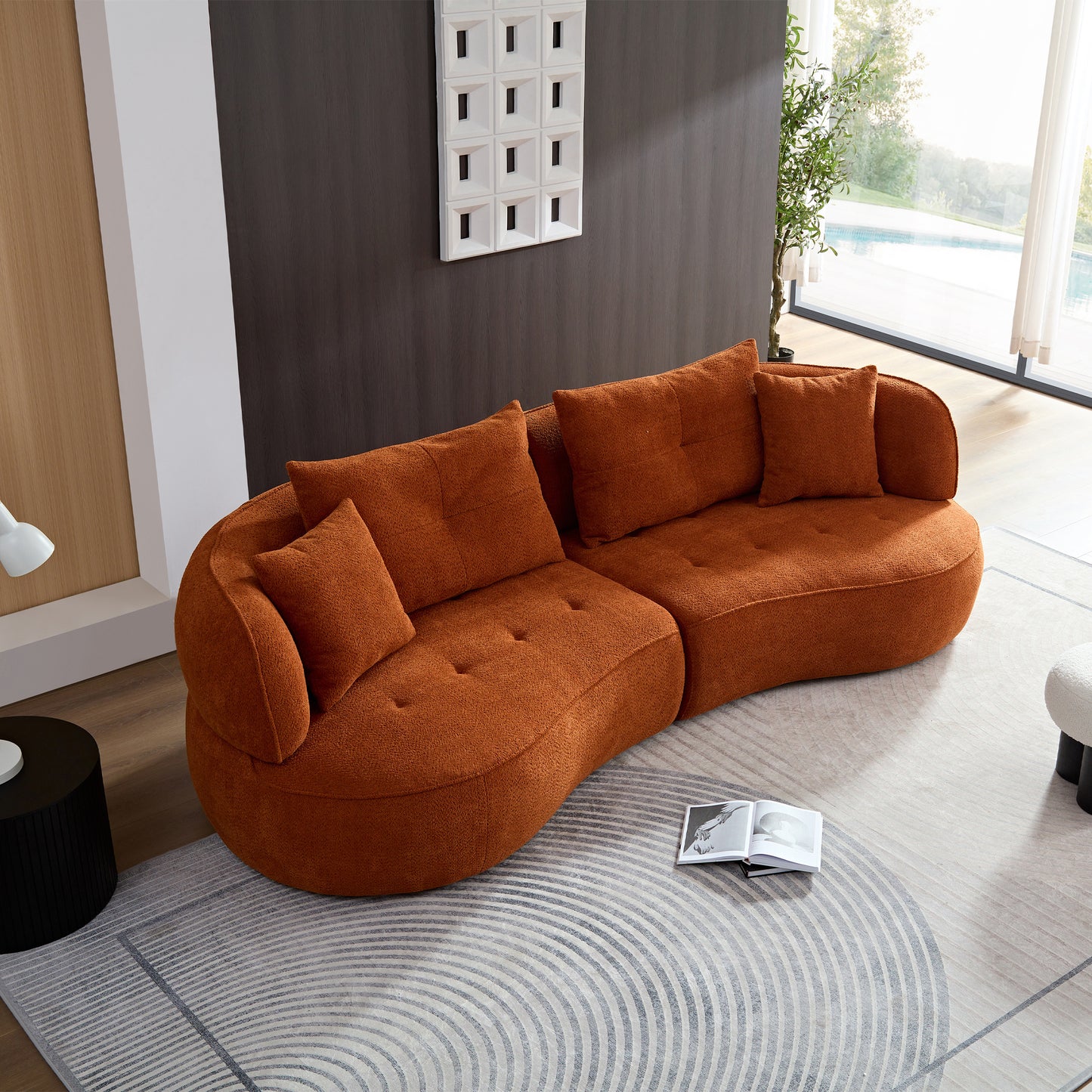 WKS7C Orange sectional sofa with removable pillows, durable fabric, solid wood frame, high density sponge filler