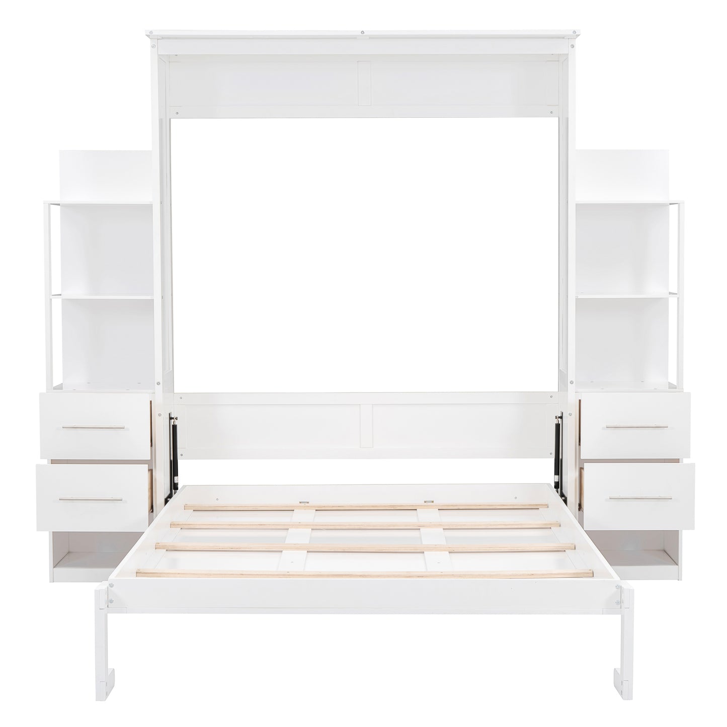 Queen Size Murphy Bed Wall Bed with Shelves, Drawers and LED Lights,White