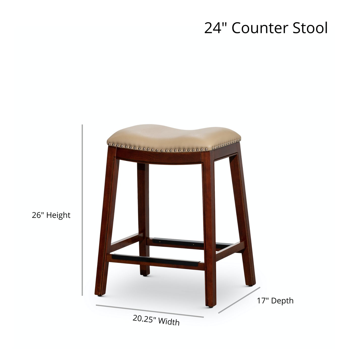 24" Counter Height Saddle Stool, Weathered Gray Finish, Black Leather Seat