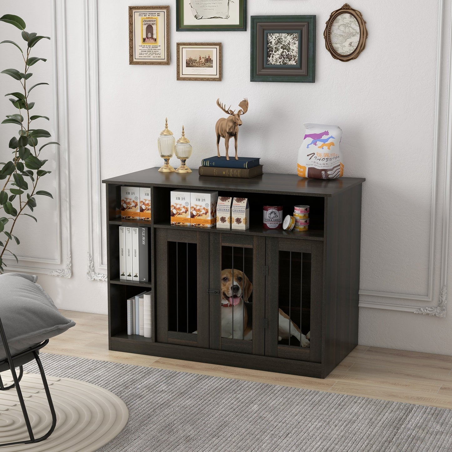 PawHut Dog Crate Furniture with Adjustable Shelf, Dog Crate End Table, Indoor Pet Crate for Medium and Large Dogs, with Large Flat Surface, 47" x 23.5" x 35", Brown