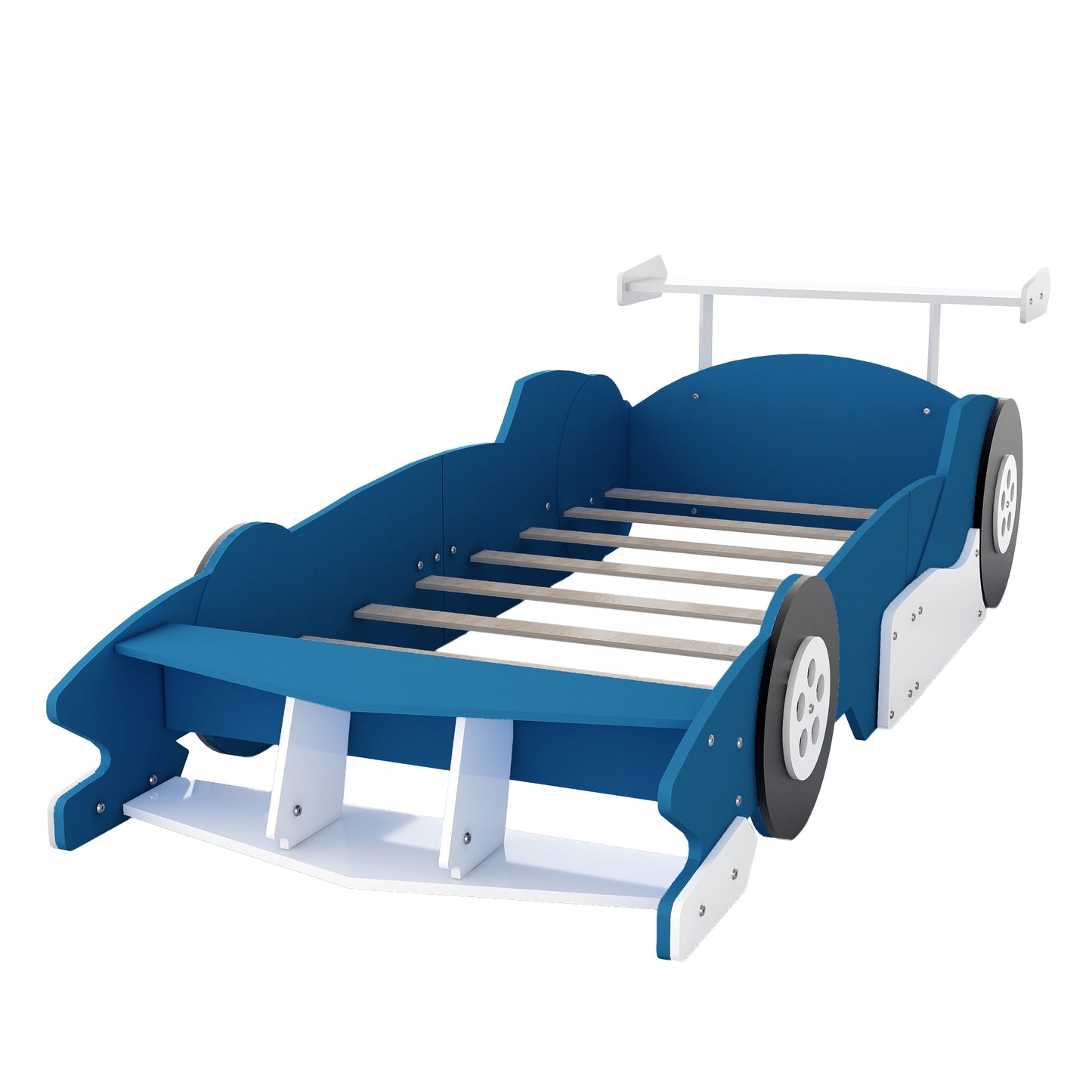 Twin Size Race Car-Shaped Platform Bed with Wheels,Blue