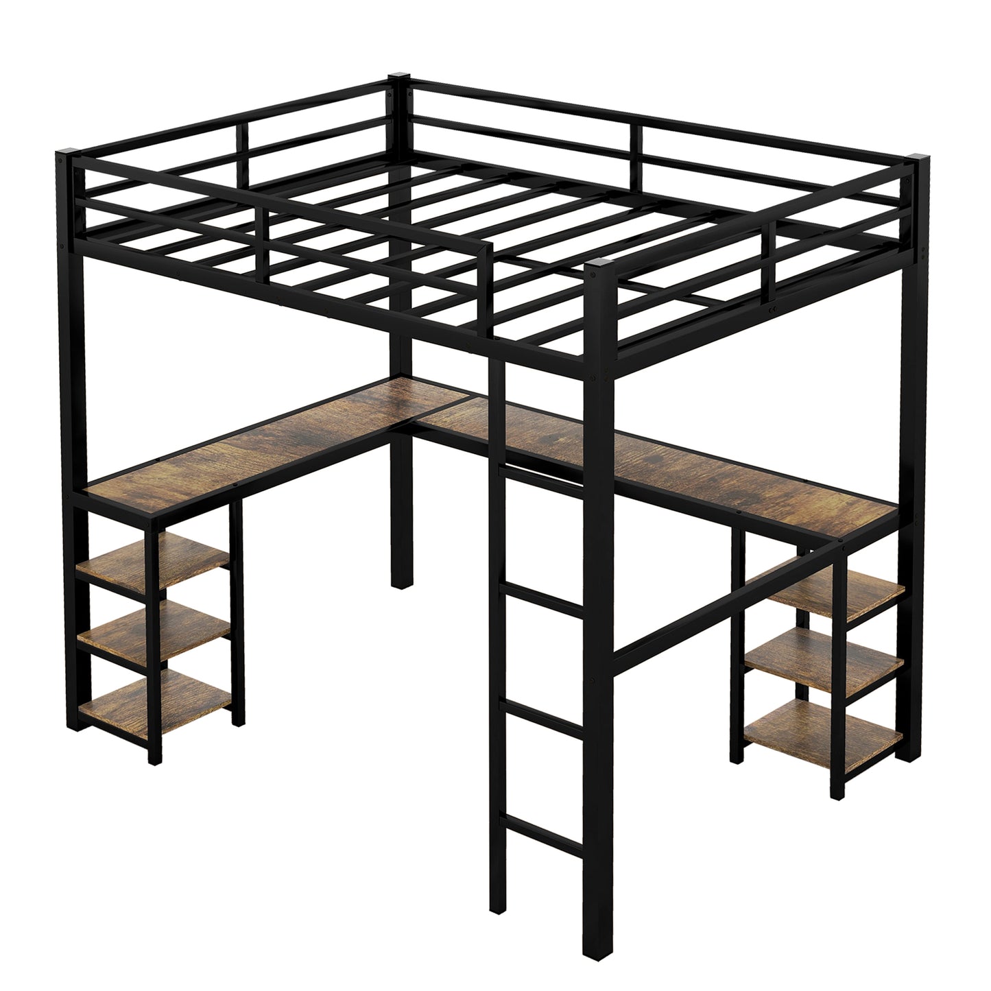 Full Metal Loft Bed with Desk and Shelves, Loft Bed with Ladder and Guardrails, Loft Bed Frame for Bedroom, Black with Vintage wood-colored desk(Old SKU: W1307S00022)