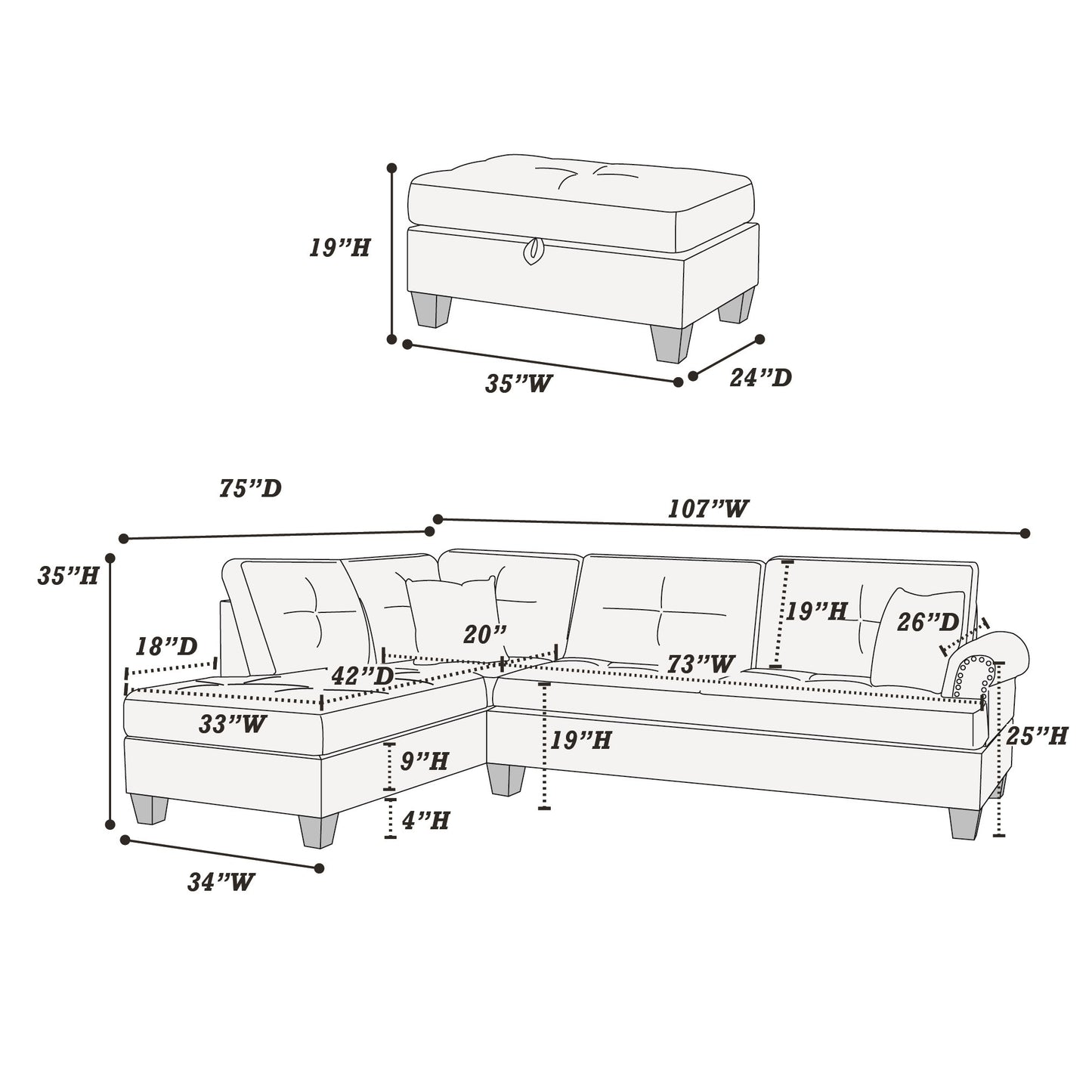 3-pcs Sectional Sofa Blue Grey Polyfiber Cushion Sofa Chaise Ottoman Reversible Couch Pillows