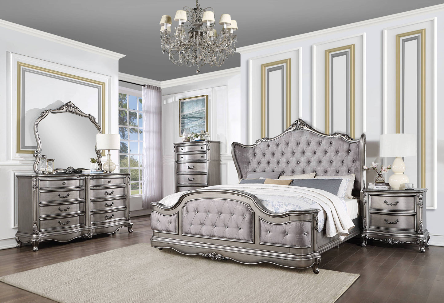Ariadne Velvet & Antique Platinum Finish E. King Bed