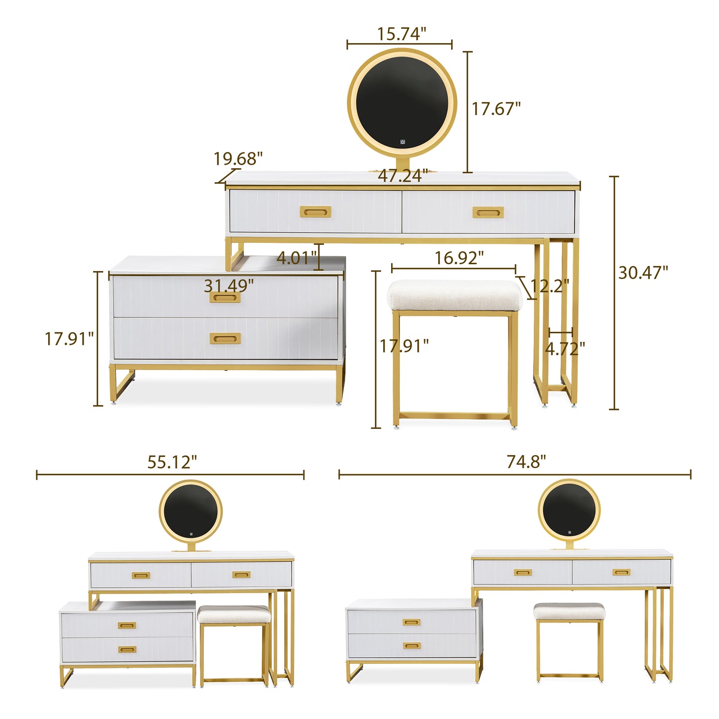 GO Modern Style Vanity Table With Movable Side Cabinet And 4-Drawers, Large Size Dressing Table With Mirror and 3-colors LED Light, Makeup Table With Stool, White, Golden Legs