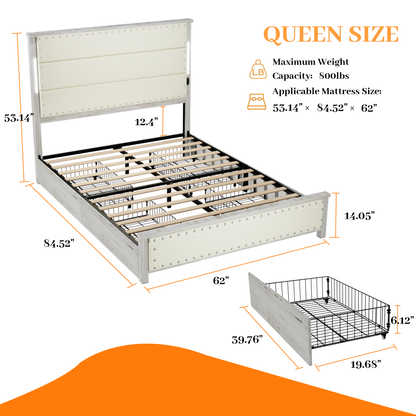 Queen Size Bed Frame with Upholstered Headboard and  4 Storage Drawers , Queen Bed Frame with Charging Station and LED Lights, Wood Slats, Beige Faux Leather & Rivets, No Box Spring Needed