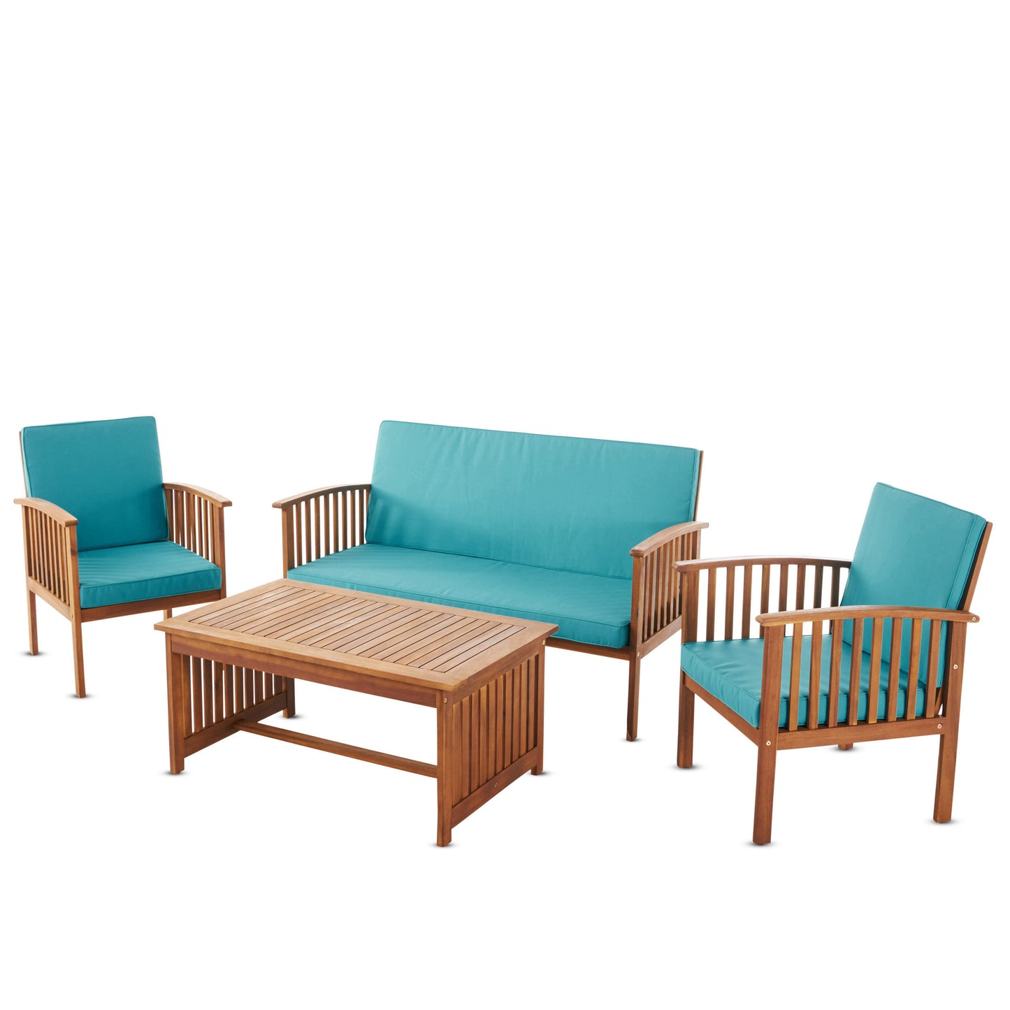 Outdoor Acacia Wood Sofa Set with Water Resistant Cushions, 4-Pcs Set, Brown Patina / Teal