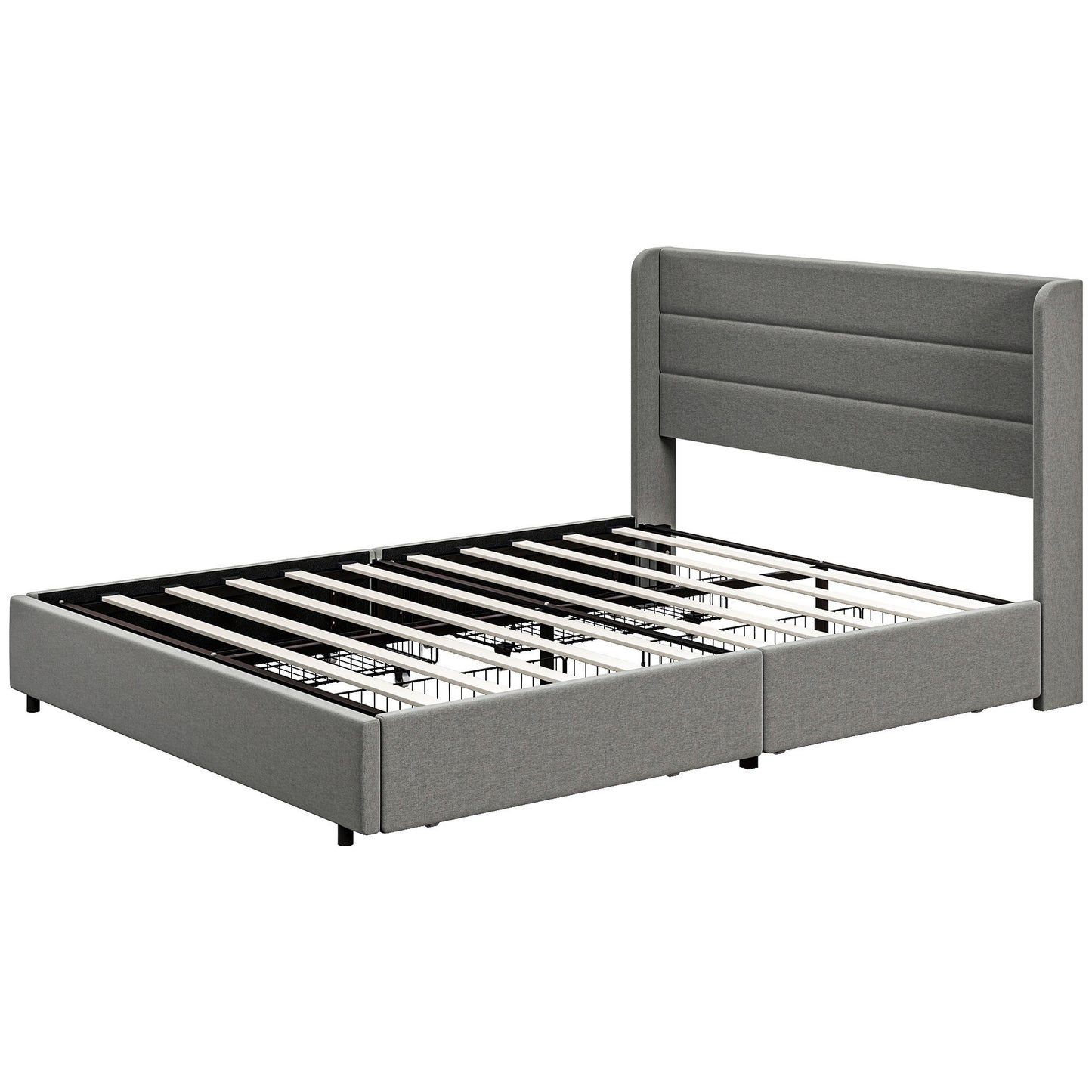 HOMCOM Queen Bed Frame with Headboard, Upholstered Platform Bed Frame with Storage Drawers, Wood Slats, Noise-Free, and Easy Assembly, No Box Spring Needed, Light Gray