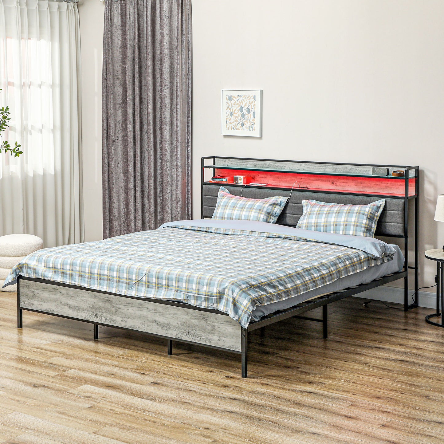 HOMCOM King Size Bed Frame with Storage Headboard, Upholstered Platform Bed Frame with LED Lights, Charging Station, Steel Slats, Noise-Free & Easy Assembly, No Box Spring Needed, Cement Gray
