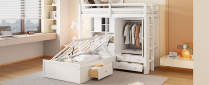 Twin Bunk Bed with Drawers, Wardrobe, Storage Shelves and Hydraulic Bed,White