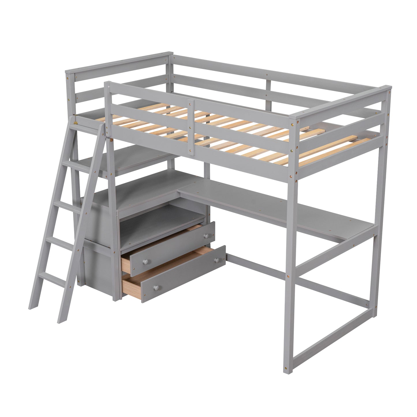 Modern Twin Size Loft Bed with Desk, Shelves, and Two Drawers in Gray Finish, Solid Pine Wood Frame