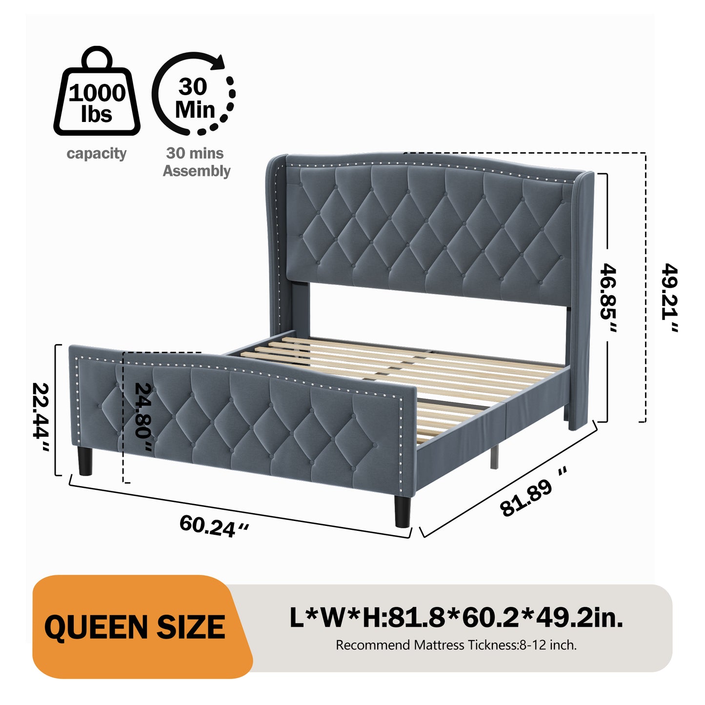 Queen Size Bed Frame, Modern Upholstered Platform Bed with Wingback Headboard, Velvet Bed Frame with Wood Slat Support, Easy Assembly, No Box Spring Needed(Gray, Queen)