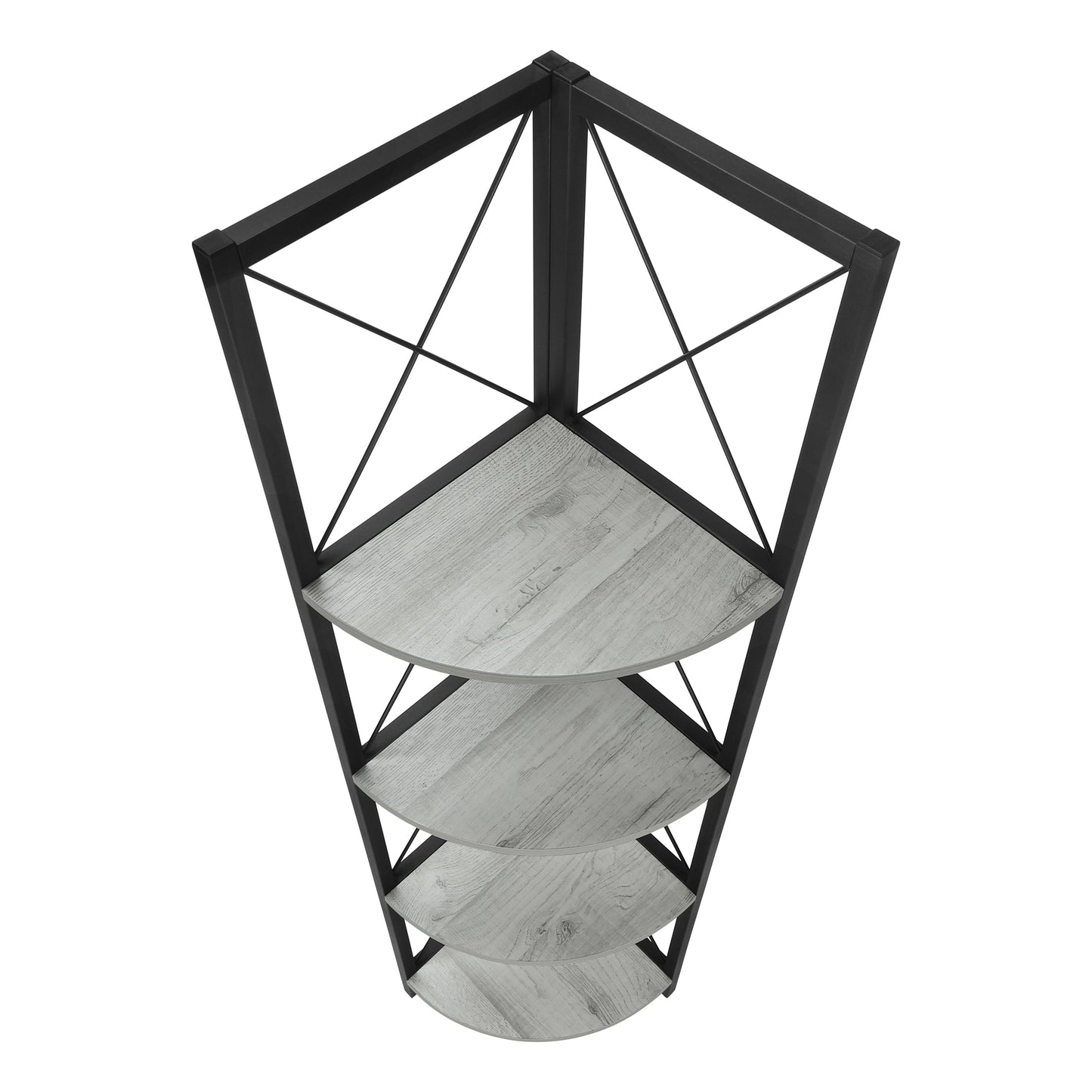 Bookshelf, Bookcase, Etagere, Corner, 4 Tier, 60"h, Office, Bedroom, Grey Laminate, Black Metal, Contemporary, Modern