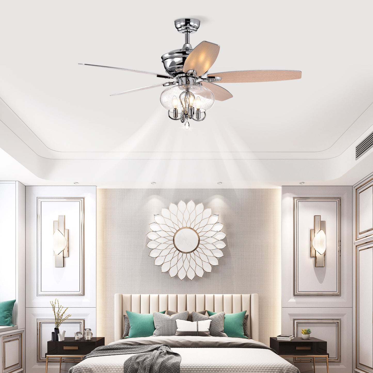 52" Crystal  Chandelier Fan with Remote, Classic, Glam, Traditional, Transitional for Home, Kitchen, Dining Room, Guest Room, Living Room, Chrome