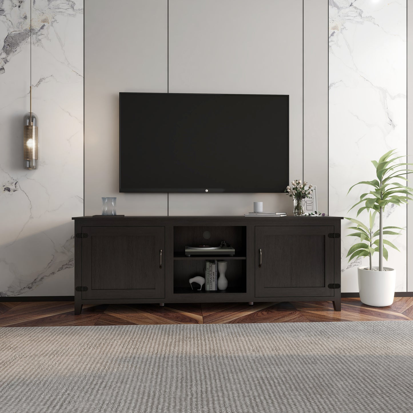 TV Stand Storage Media Console Entertainment Center,Tradition Black,with doors