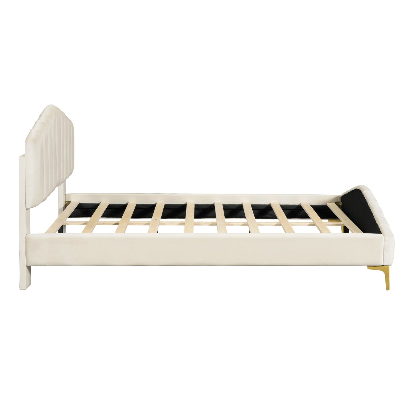 Queen Size Velvet Platform Bed with Thick Fabric, Stylish Stripe Decorated Bedboard and Elegant Metal Bed Leg, Beige