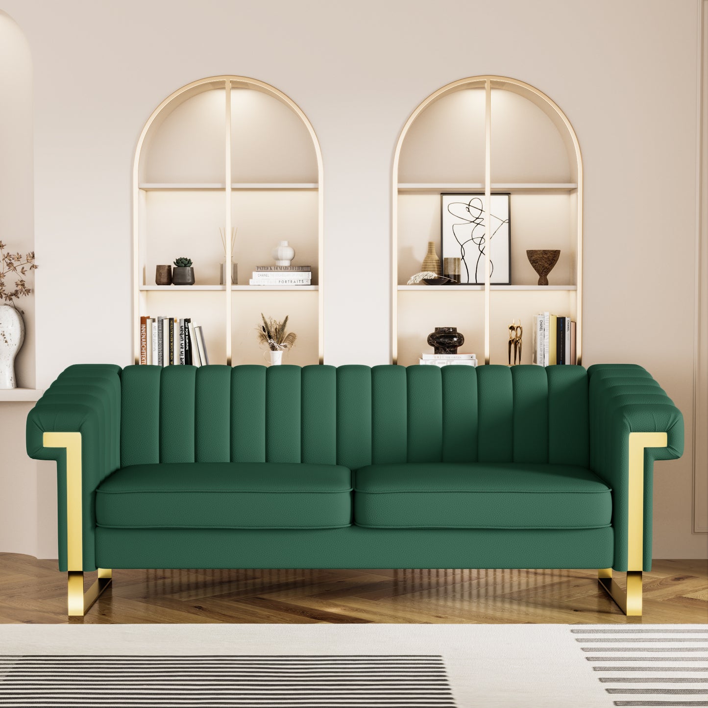 FX-P81PU-GR SOFA  Modern Green PU  Sofa with Gold Accents - Sleek Channel-Tufted Upholstery, 3-Seat Couch for Living Room and Office Decor(TEMU Suitable)