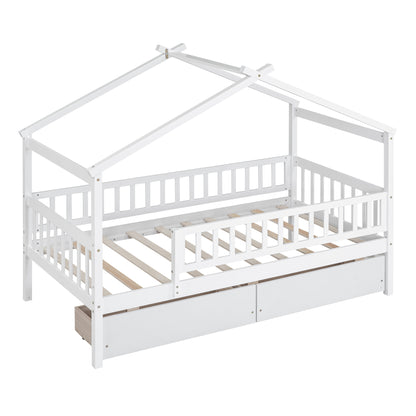 Twin Size Wooden House Bed with Two Drawers, White