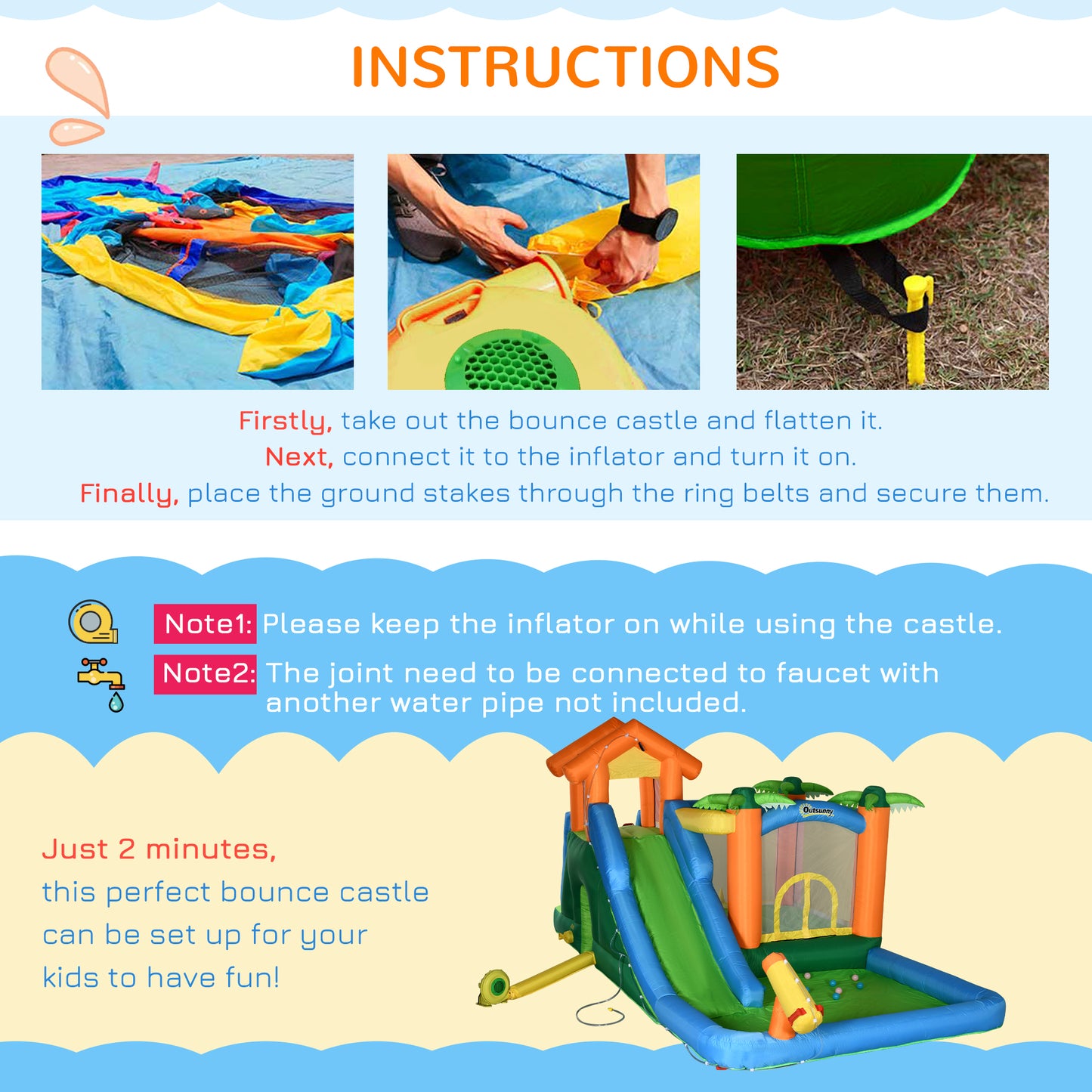 Outsunny 6-in-1 Tropical Inflatable Water Slide Summer Theme Jumping Castle Includes Floating Ball Slide Trampoline Pool Cannon Climbing Wall with Carry Bag, Repair Patches and 450W Air Blower