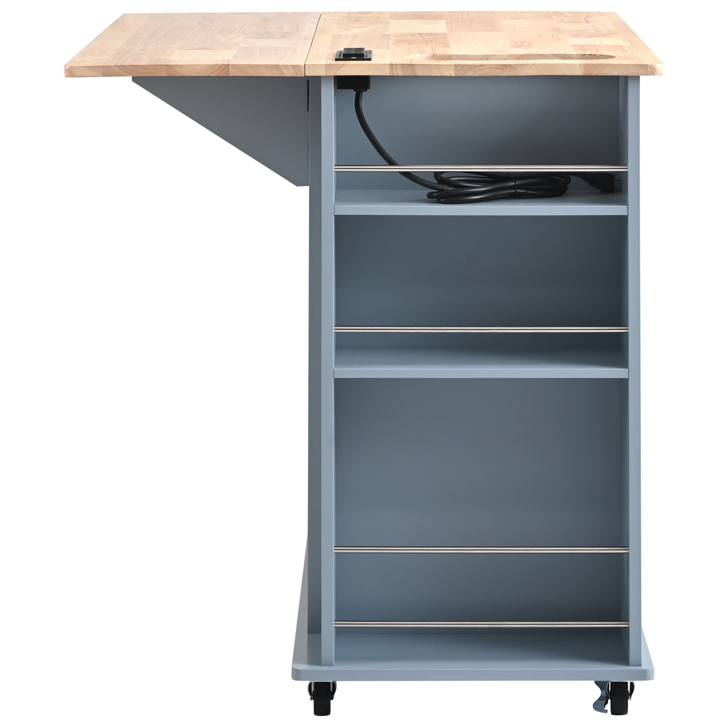 Kitchen Island with Power Outlet,Kitchen Storage Island with Drop Leaf and Rubber Wood,Open Storage and Wine Rack,5 Wheels,with Adjustable Storage for Home, Kitchen, and Dining Room, Grey Blue