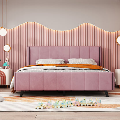 Queen Size Upholstered Platform Bed, Velvet, Pink