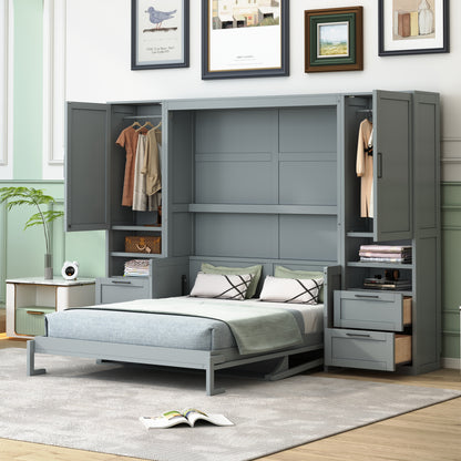 Queen Size Murphy Bed Wall Bed with Closet ,Drawers and Shelves,Gray