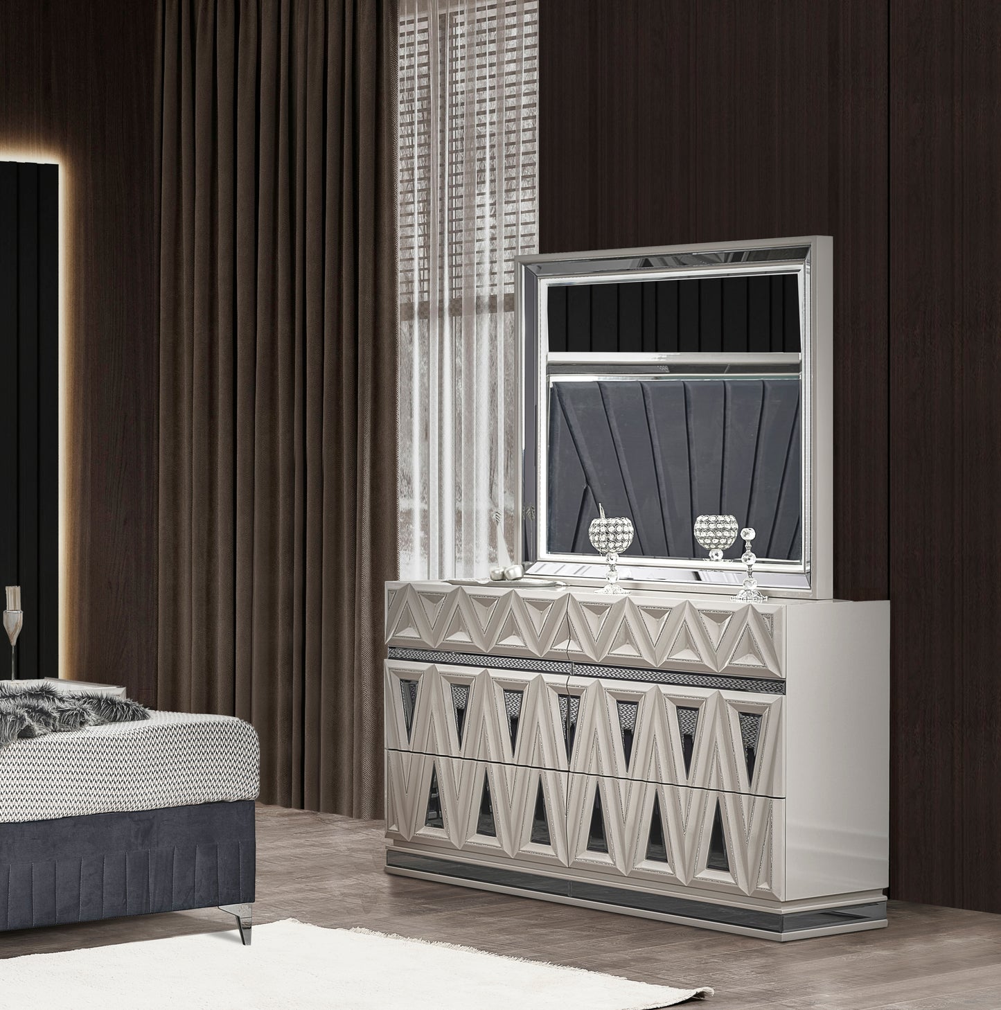 Lavita Modern & Contemporary Style 4 Pc Queen Upholstered Bedroom Set Made with Wood and Gold Accents in River Sand Grey