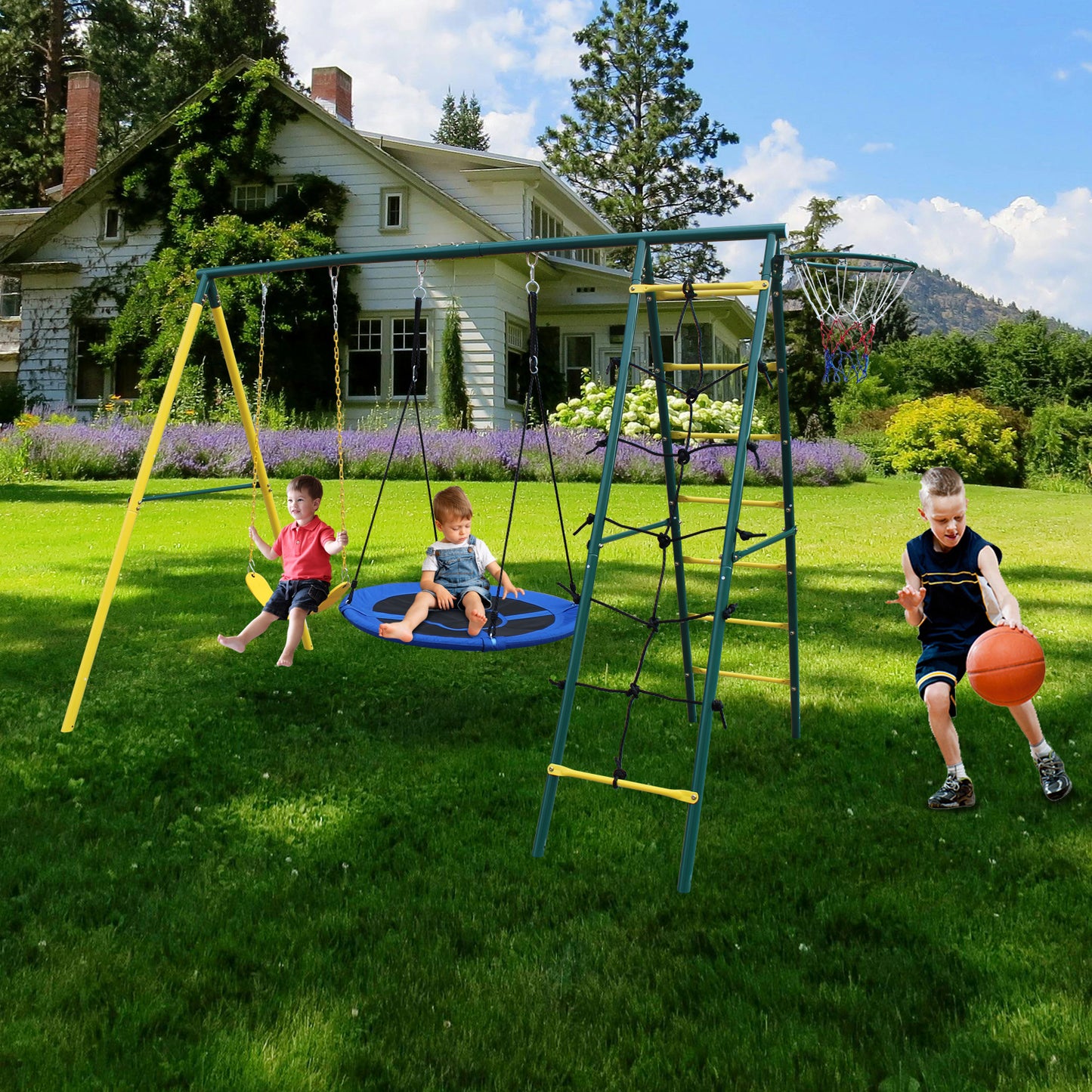 Swing Set for Kids Outdoor Backyard Playground Swing Set with Ladder and Basketball Hoop