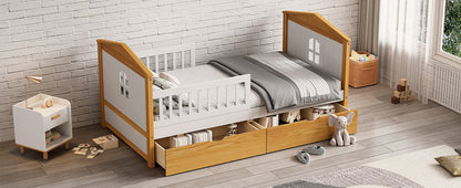 Twin Size House Shape Bed with Drawers and Safety Fence Guardrails Bed Toddler Bed for Girls Boys,No Box Spring Needed, Walnut and White