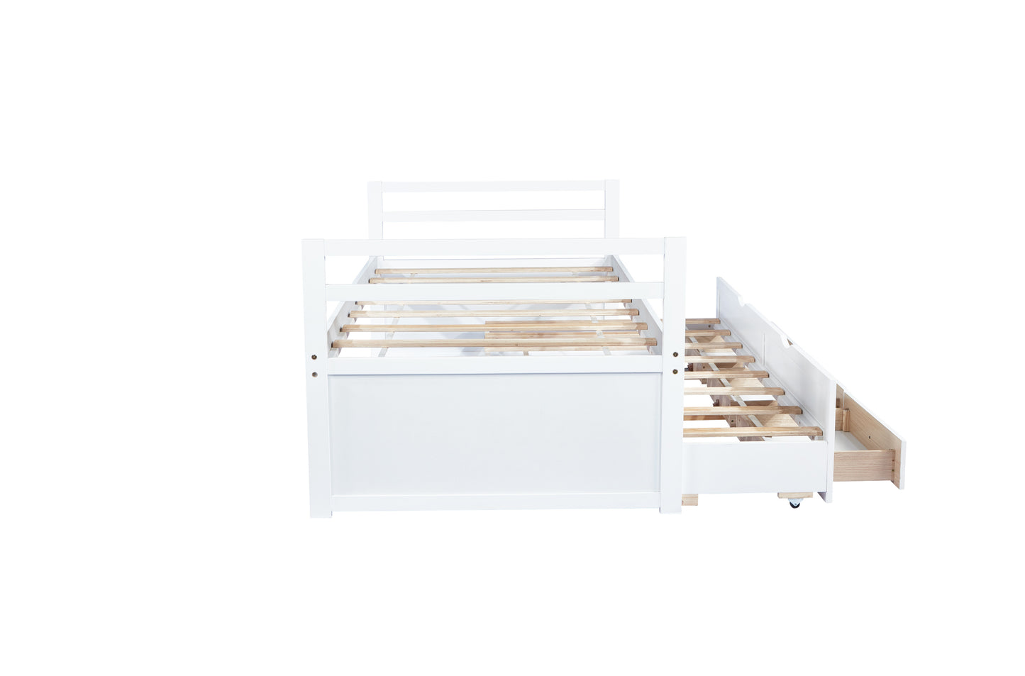 Twin Size Bed with Headboard, Footboard, Trundle and Three Storage Drawers, Twin Size Pine Wood Bed with Headboard, Footboard,White