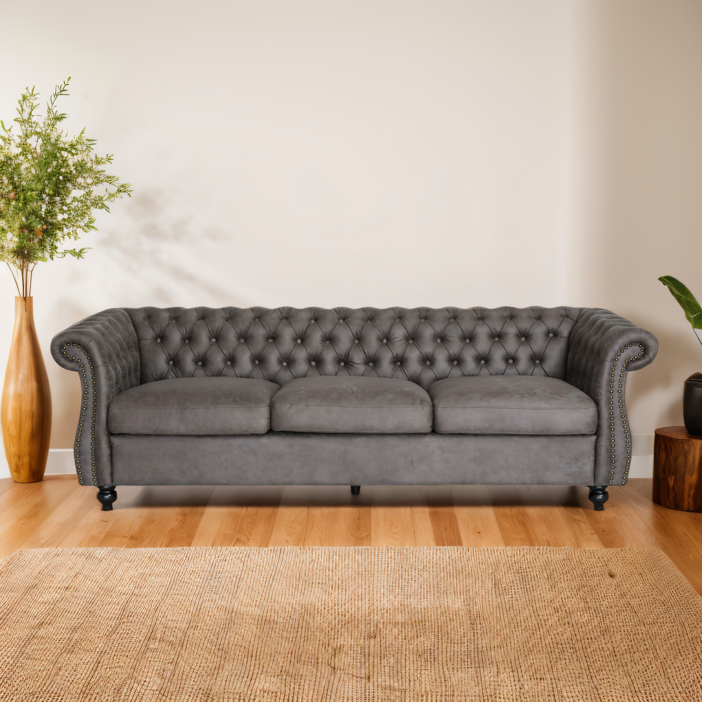 Stylish Slate Suede 3-Seater Sofa with Rolled  Arms – Modern, Elegant, and Comfortable Couch, Perfect for Relaxing Evenings, Ideal for Contemporary Home Decor, Durable Upholstery, and Luxurious Design