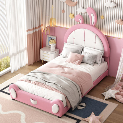 Twin Size Upholstered Platform Bed with Rabbit Shaped Headboard, Pink