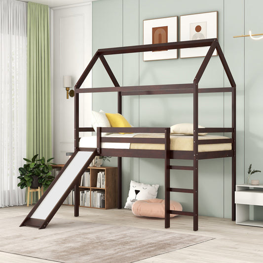 Twin Loft Bed with Slide, House Bed with Slide,Espresso(OLD SKU :WF286245AAP)