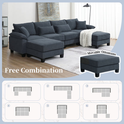 Wide Seat Corduroy Modular Sectional Sofa Bed,Sleeper Couch Set with Armrest Pillow,6 Seat Free Combination Sofa with Ottomans,Oversized Indoor Furniture for Living Room, 2 Colors