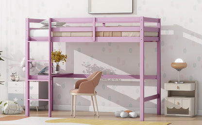 Twin High Loft Bed, Rubber Wood  Loft Bed with Safety Guardrail, built-in desk, ladder,Pink