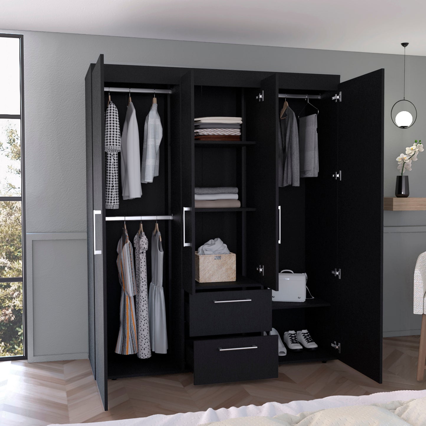 Bariloche Wardrobe, Multi-Section Storage with Hanging Rods, Shelves, and 2 Drawers