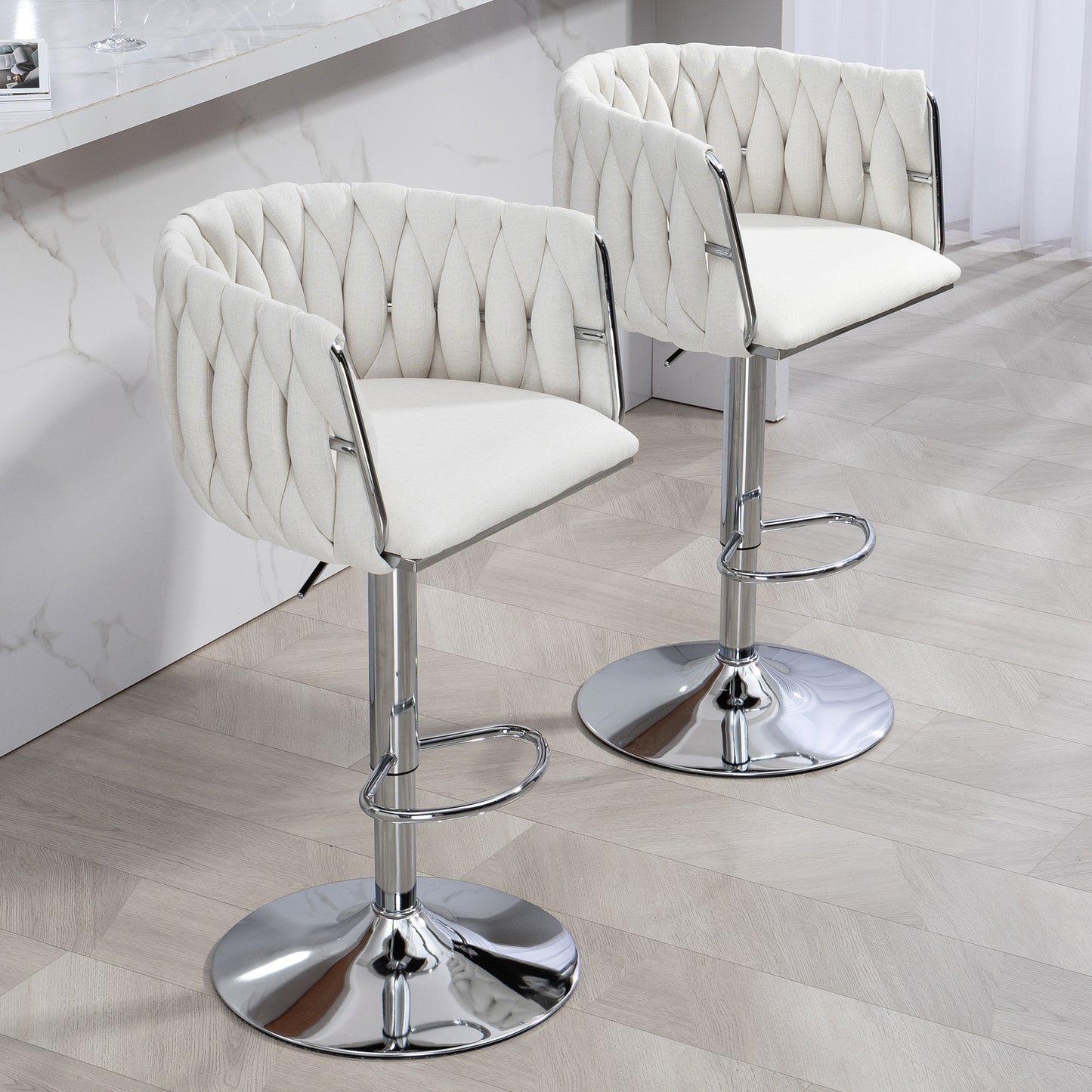 360° Fabric cover Swivel Bar Stools Set of 2, Adjustable Counter Height Bar Chairs with Woven Back & Footrest,Silver chromed  Bar Stools for Kitchen Island, Cafe, Pub (Beige)